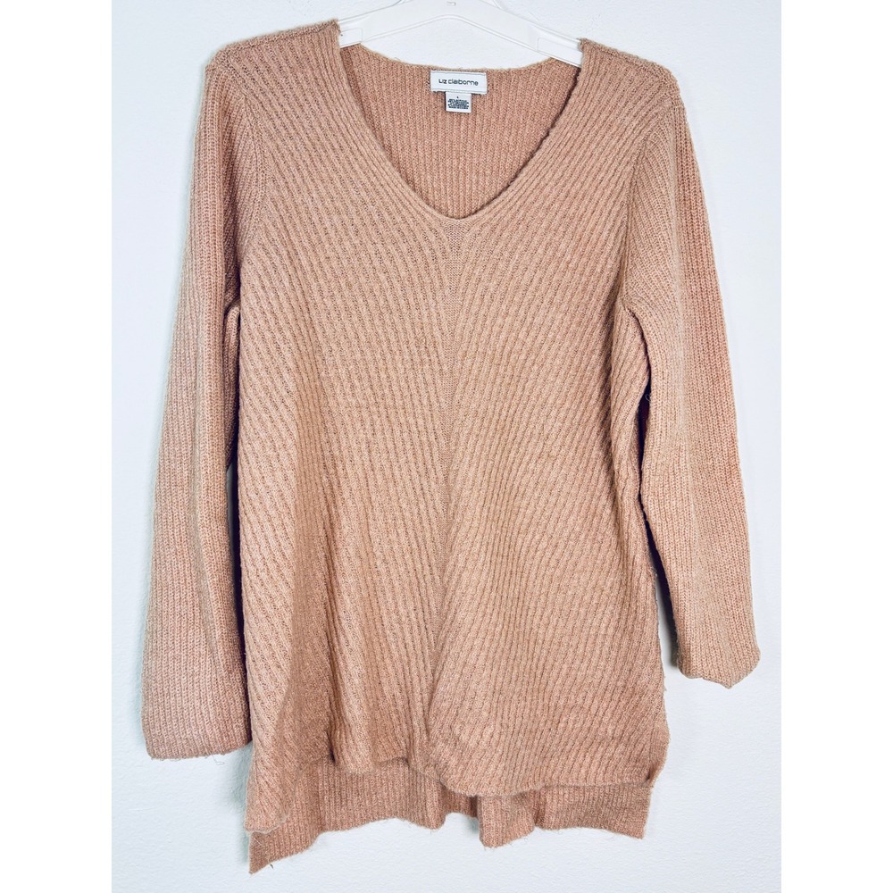 Liz Claiborne Pink Metallic Ribbed V-Neck Tunic Sweater Womens Large Long Sleeve